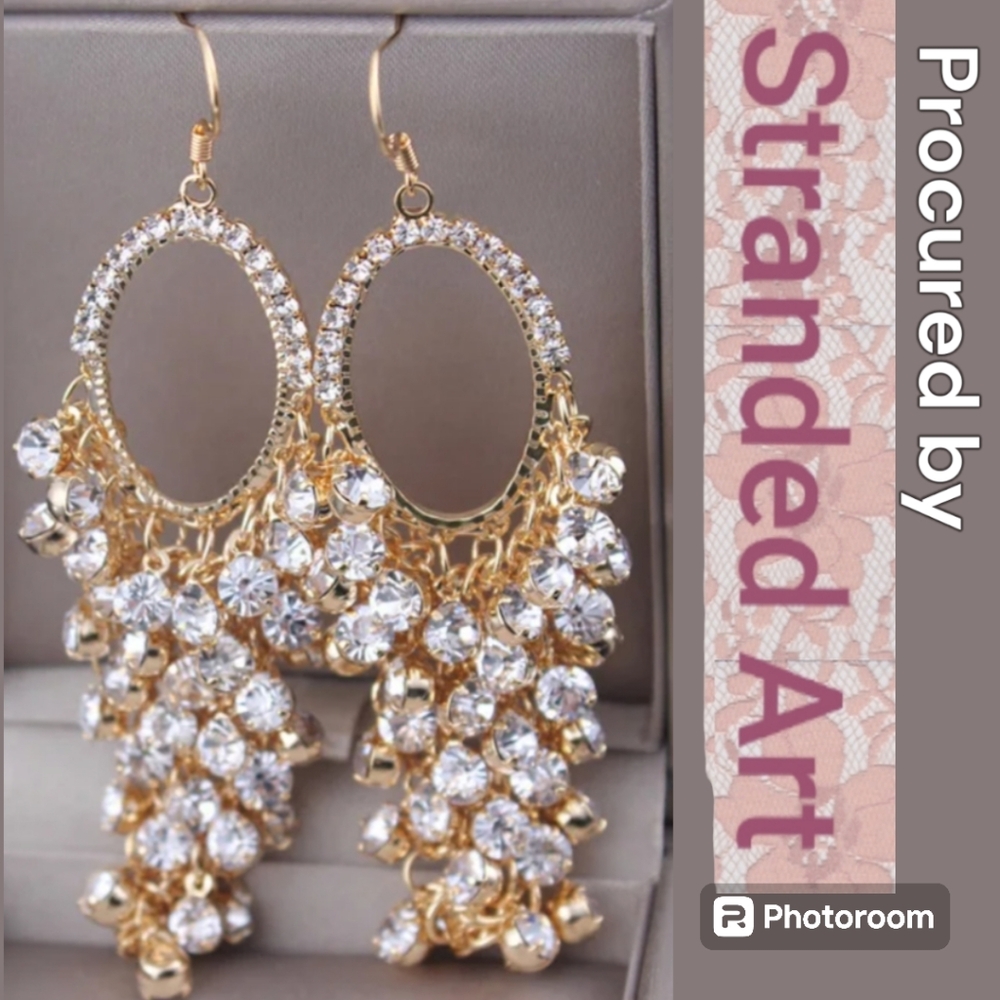 Ice Drizzles" Crystal w Gold Waterfalls Dangle Oval Bejeweled Loop Earrings